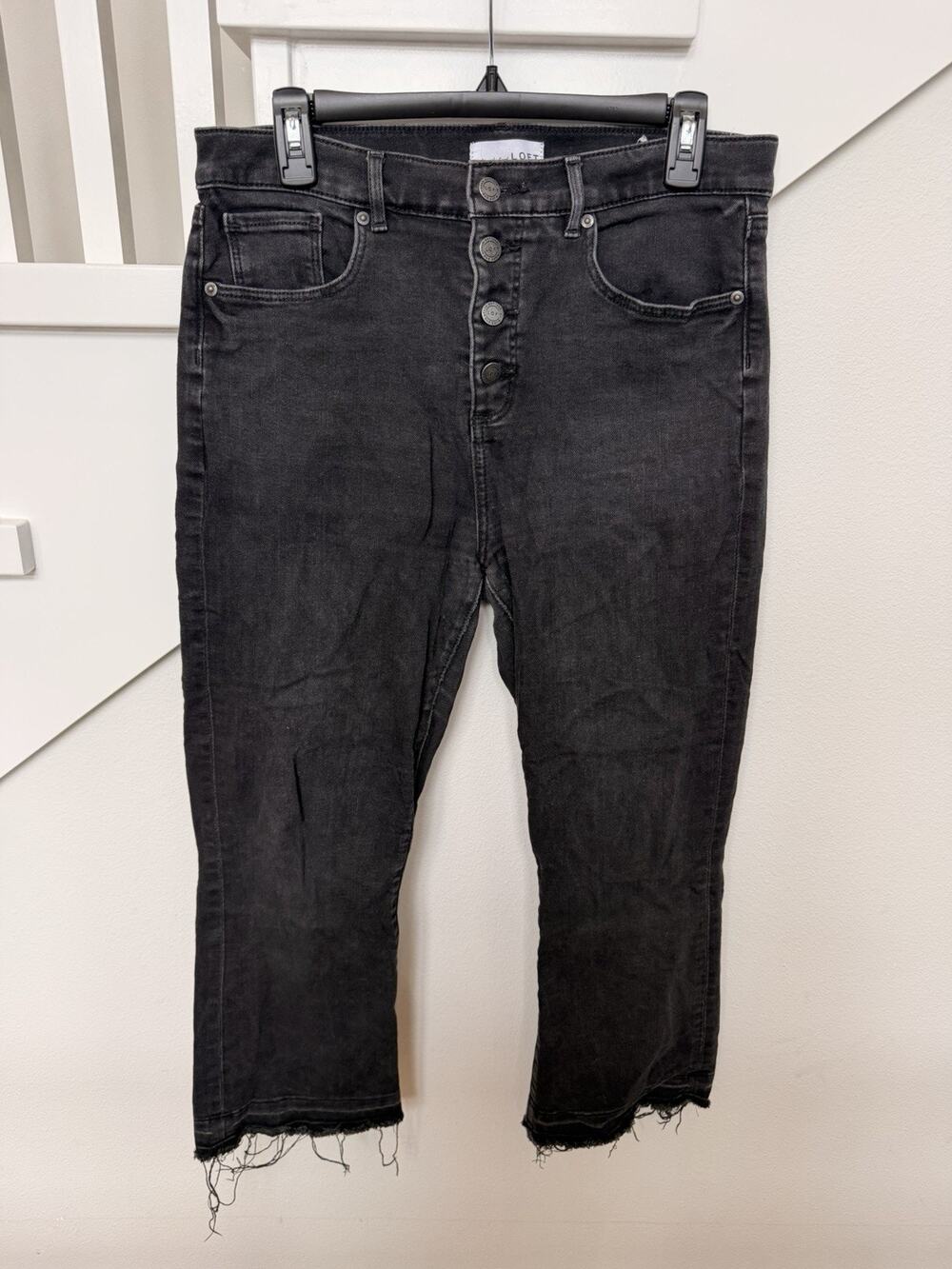 Loft High Waist Flare Crop Raw Hem Button Fly Women's size 12 Black Denim jeans